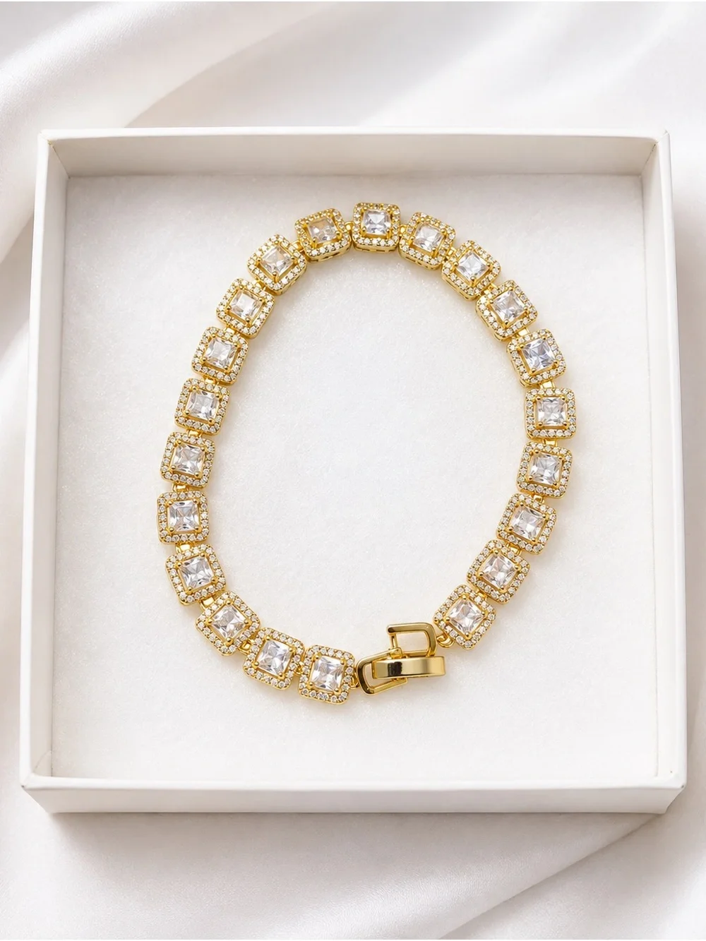 Brazilian Gold Square-Cut CZ Tennis Bracelet- Luxury Statement Jewelry